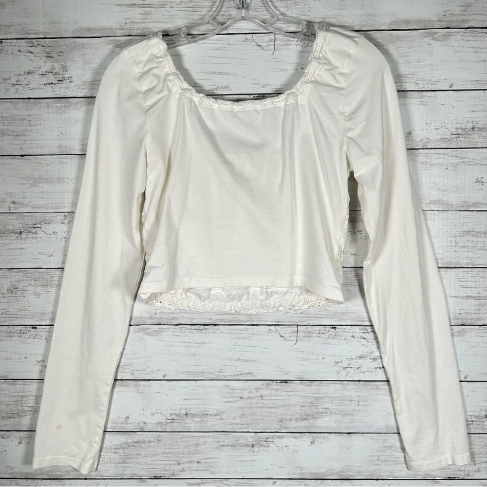 Free People Scarlet Smocked Crop Milkmaid T-shirt Knit Ivory Long Sleeve Top M